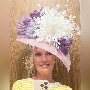 Fascinator with All the purples and some beautiful white feathers!  Easy to wear